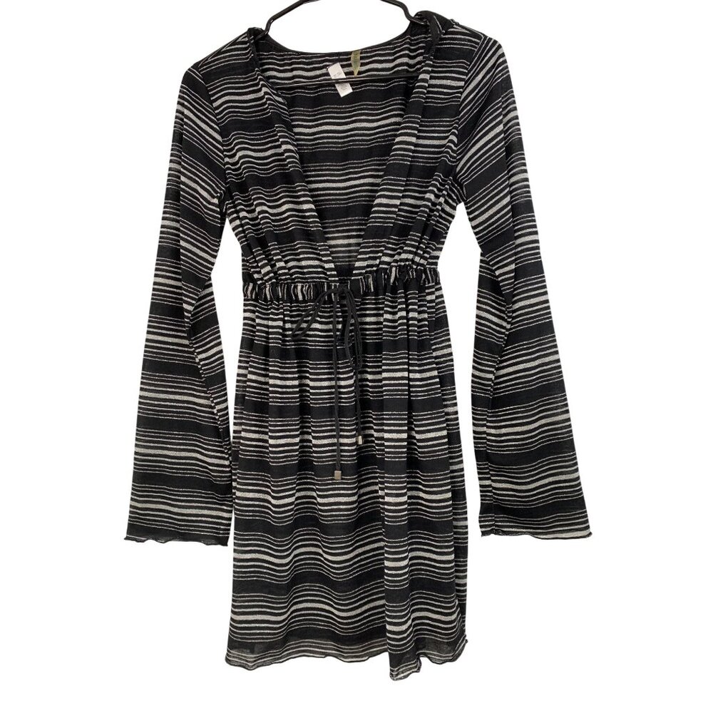 Hooded Black & Silver Swim Cover-Up Drawstring Waist Metallic Size M RAA10424
